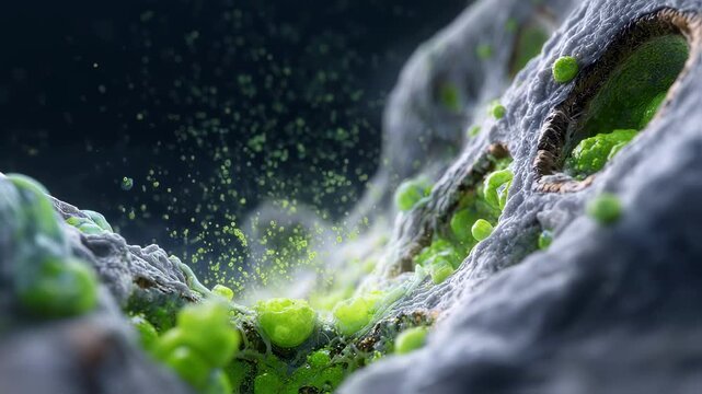 3D rendering of damaged tissue with ruptured membranes and green biochemical substances spreading rapidly.