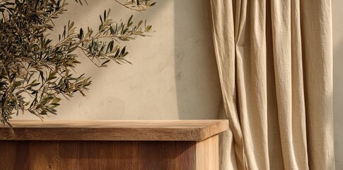 Rustic display with olive branch and beige curtains