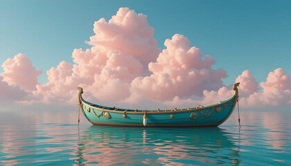 Ornate Boat Floating on Calm Water beneath Pink Cloudy Sky