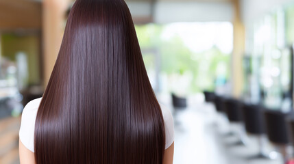 Long, shiny hair on display at a salon with modern interiors and bright lighting