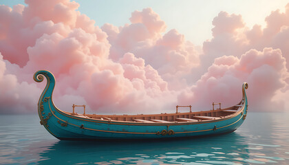 Mythical Viking Ship on Calm Pink Sea under Dreamy Clouds