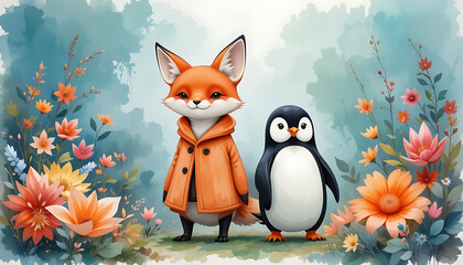 Fox in Orange Coat and Penguin Surrounded by Colorful Flowers