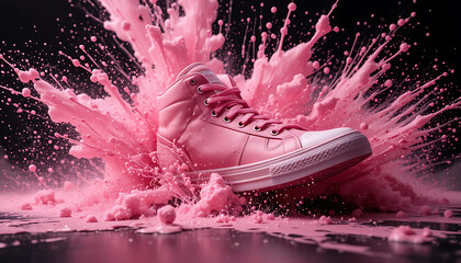 Pink High-Top Sneaker with White Laces and Paint Splash Burst
