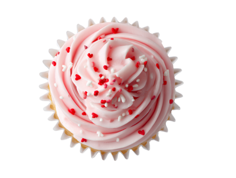 Romantic Cupcake with Pink Frosting and Heart Sprinkles, Top-Down View, Isolated on Transparent Background - Powered by Adobe