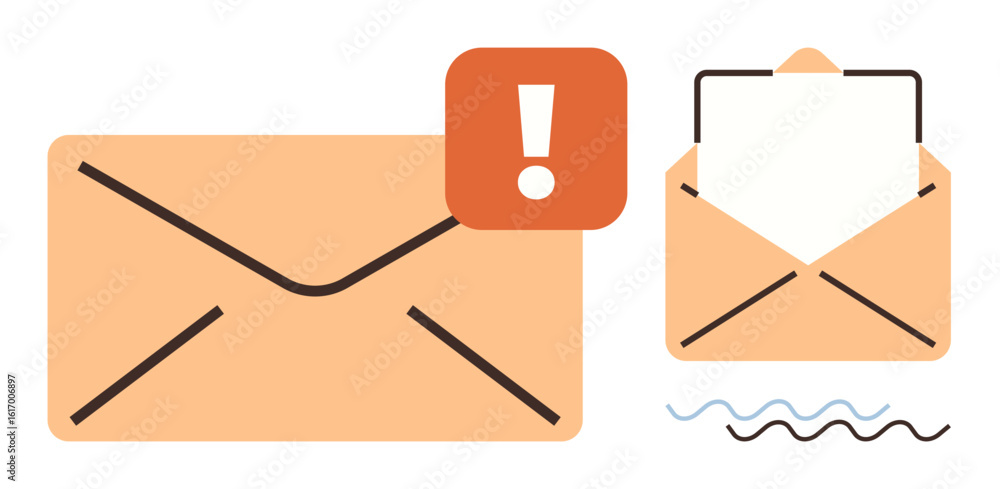 Aufkleber closed envelope with alert exclamation mark and open envelope revealing a letter with waves signifyi
