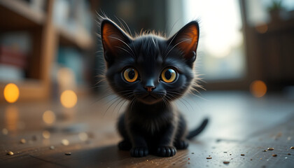 Adorable Black Kitten with Bright Eyes Sitting on Wooden Floor