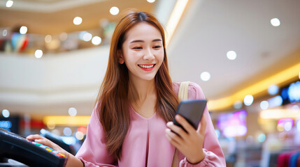 Young woman smiling while using smartphone in a busy shopping mall