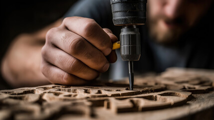 Crafting detailed wood designs in a workshop using a drill