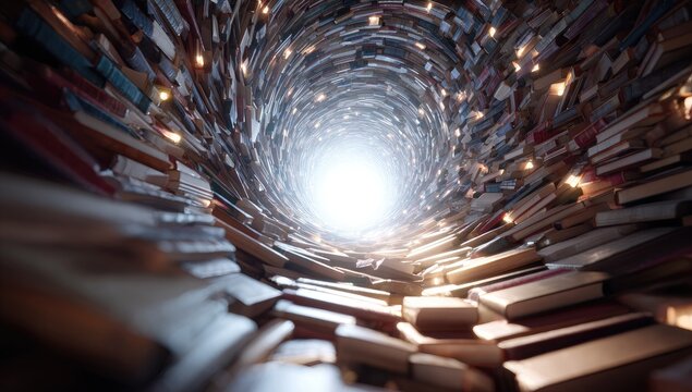 A spiral tunnel of books leading to a bright light