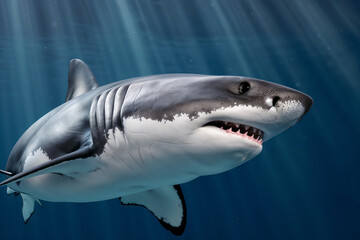 Fototapeta premium Great White Shark Underwater: Majestic Predator in Ocean Depths
