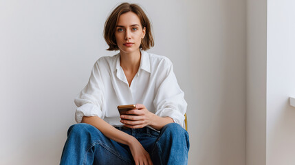 Young woman sitting indoors, using smartphone and wearing casual attire