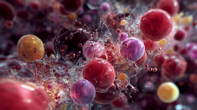 Colorful representation of biochemical reaction sequence with glucose fragmentation and exploding ATP sparks.