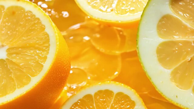 Close up of juicy orange slices with visible pulp and peel floating in orange juice liquid
