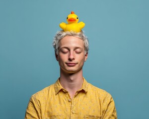 A man with a rubber duck on his head