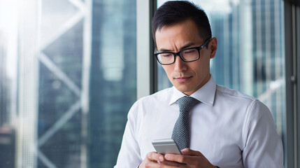 Business professional checks phone in modern office with city skyline view