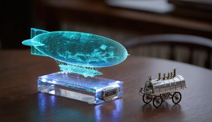 A vintage-themed display of an airship and train