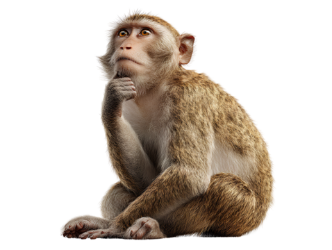 Thoughtful Monkey Sitting Cross-Legged with Hand on Chin, Side View, Isolated on Transparent Background