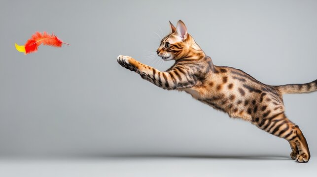 A playful Bengal cat stands upright, reaching for a vibrant, fluffy rainbow toy against a neutral background, capturing energy and curiosity in action