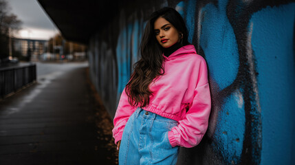 Young woman poses in pink hoodie against urban graffiti wall on a cloudy day