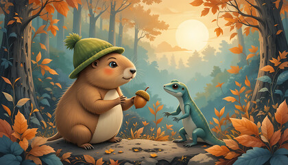 Squirrel and Lizard Sharing Acorn in Whimsical Autumn Forest Scene