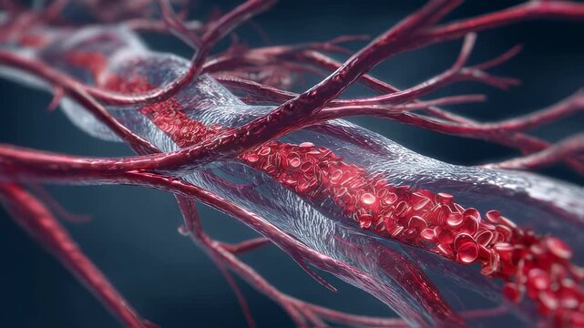 Medical illustration showcasing staccato red segments along mediumsized arteries representing irregular vascular inflammation and compromised blood flow.