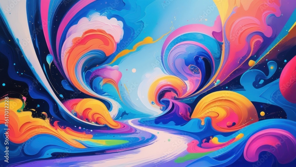 Poster colorful abstract swirls and shapes in a dynamic composition.