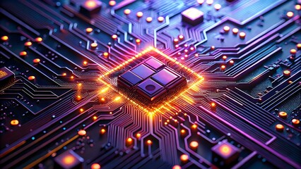 Fototapeta premium Photo of a glowing central processor chip on a complex electronic circuit board with vibrant neon lights