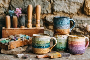 Aesthetic Display of Colorful Ceramic Mugs Stacked on Wooden Table Surrounded by Crafting Tools and Natural Textures in Cozy Artistic Environment