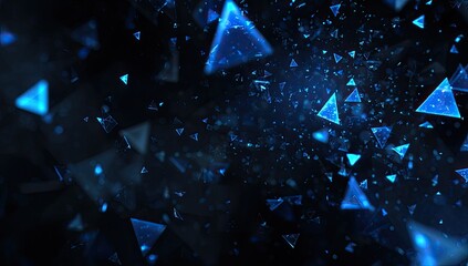Abstract digital art of numerous blue triangles in motion on a dark background