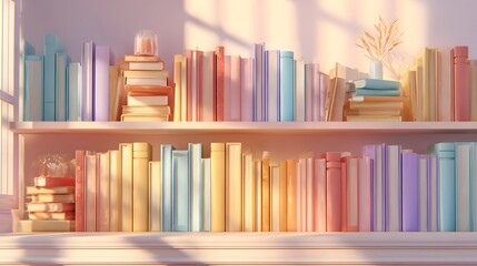Obraz premium Pastel-colored books on a white bookshelf.