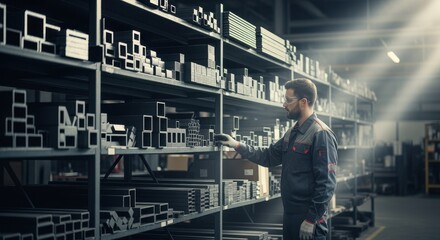 Fototapeta premium Steel components neatly arranged on shelves in manufacturing plant with operator.
