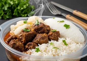 Brazilian Lunchbox with Stewed Beef, Rice, Cassava, and Tapioca