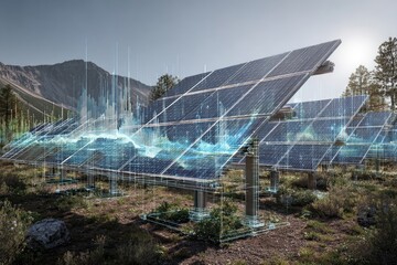 Solar panels in a mountain landscape, overlaid with data visualizations