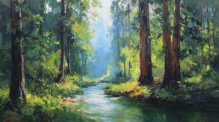 Lush forest scene with a flowing stream, tall trees, and dappled sunlight creating a serene atmosphere