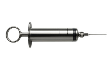 Metal medical syringe close-up, displaying plunger, needle, and calibration marks against transparent backdrop
