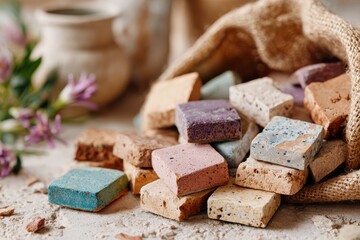 Artisan Soap Bars in Natural Colors Poured from Jute Bag on Rustic Wood Table with Flowers and Pot Background for Eco-Friendly Lifestyle Imagery