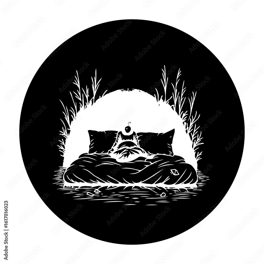 Poster Abstract dreamscape illustration featuring a bed with mystical elements and surreal design within a circular frame