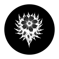 White floral illustration on black background artful design, unique botanical element, nature inspired drawing, abstract flower symbol