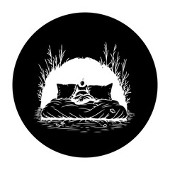 Abstract dreamscape illustration featuring a bed with mystical elements and surreal design within a circular frame