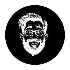 Stylized older man portrait with beard and glasses set against black circular background for icon