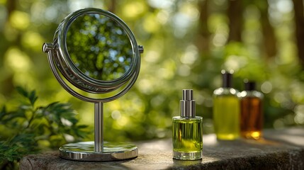 Elegant vanity mirror and perfume bottles in a natural setting.