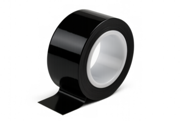 Shiny black insulating tape roll with a transparent background, ideal for diy, electrical work, and repairs