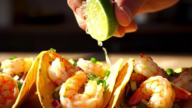 Realistic slow-motion video of a hand squeezing fresh lime juice onto shrimp tacos
