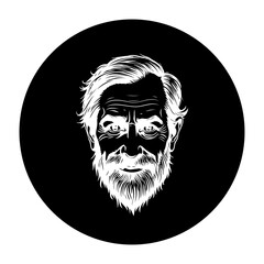 Monochromatic portrait showcasing an aged man's expressive features rendered in detailed illustration style and artistic presentation