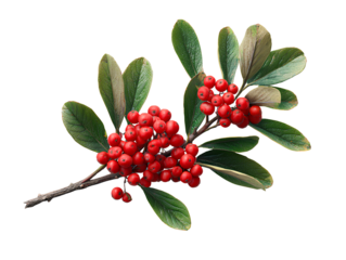 Botanical Branch of Red Viburnum Berries with Smooth Leaves, Overhead Flat Lay, Isolated on Transparent Background
