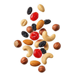 Mixed nuts and dried fruits isolated on transparent background