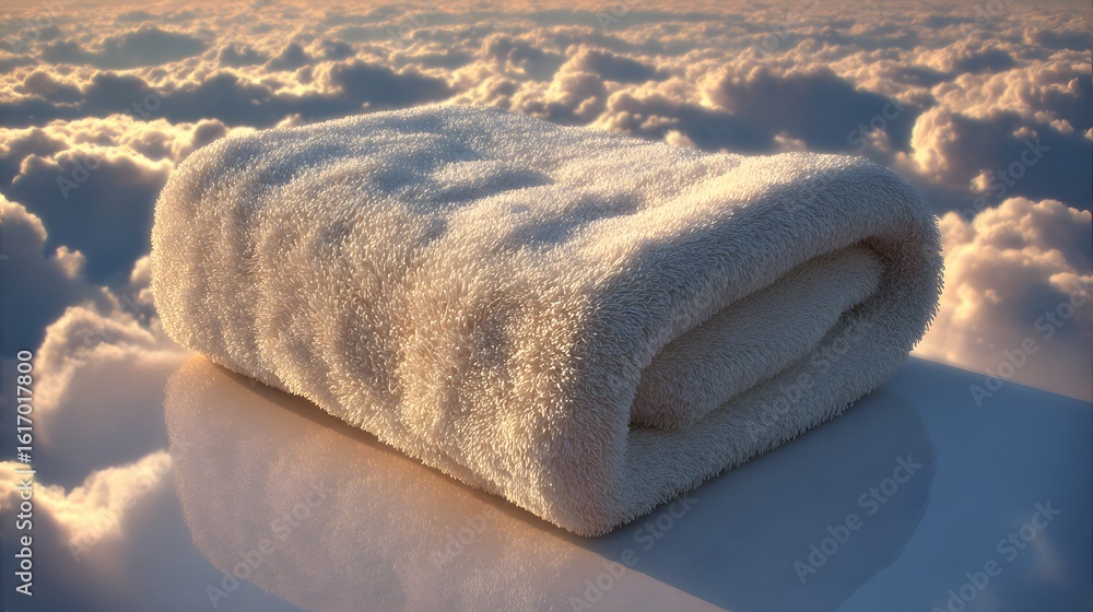 Aufkleber folded towel resting on a surface against a backdrop of clouds.