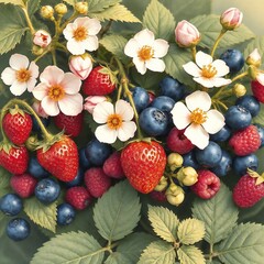 Fresh forest berries including strawberries, blueberries, and raspberries with flowers