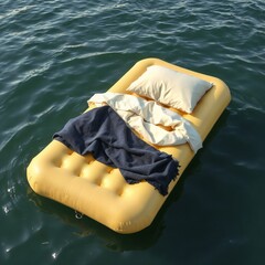 Cozy yellow mattress floating on water with bedding and pillow for relaxation