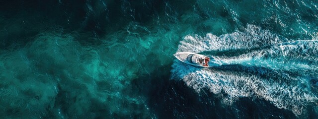Aerial view of a speedboat cutting through turquoise water